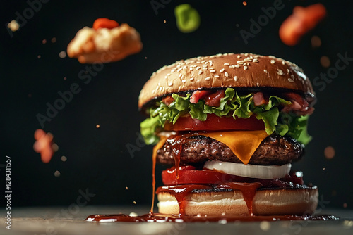 Burger in dynamic motion with flying ingredients and dripping sauce photo