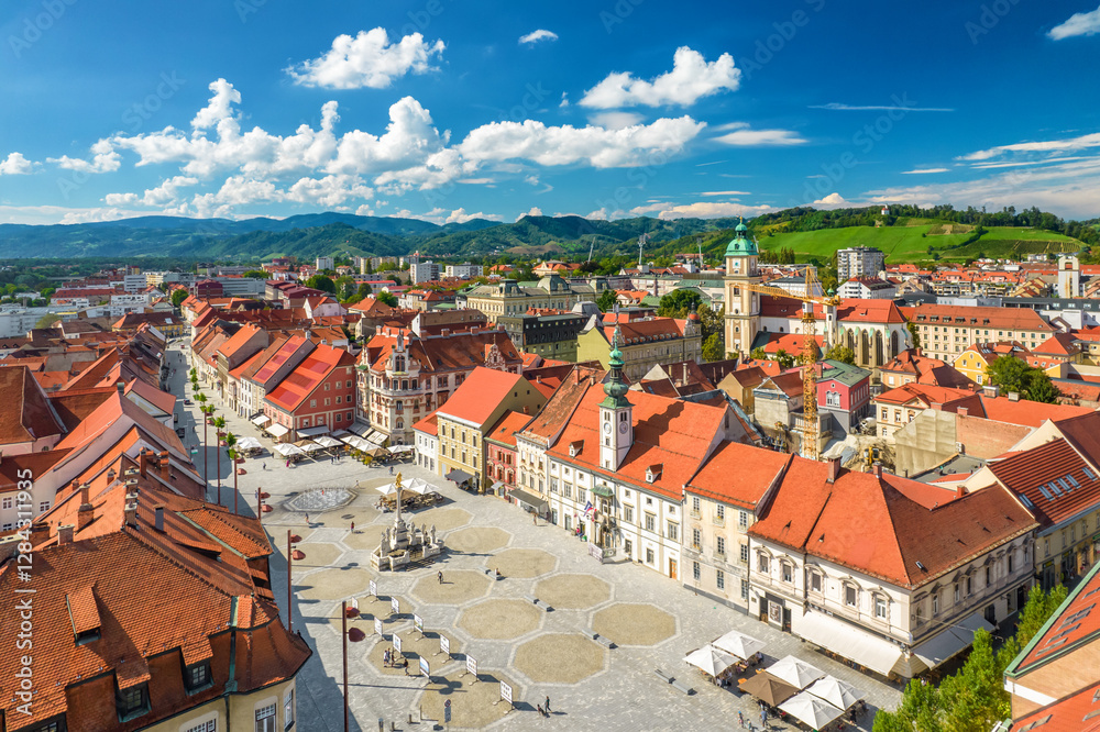 Maribor cityscape aerial view at sunny day, Slovenia