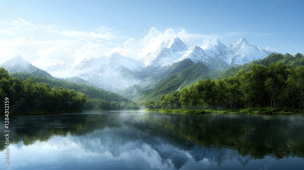 Fototapeta premium A serene landscape featuring majestic mountains, lush greenery, and a calm lake reflecting the beauty of nature.