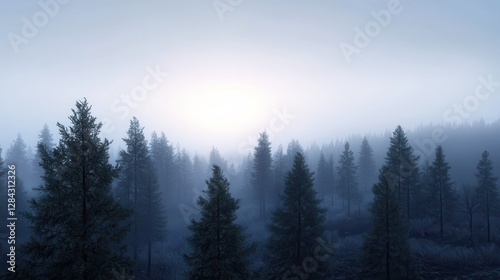A serene, foggy forest scene at dawn, with tall pine trees silhouetted against a soft, glowing light in the background.