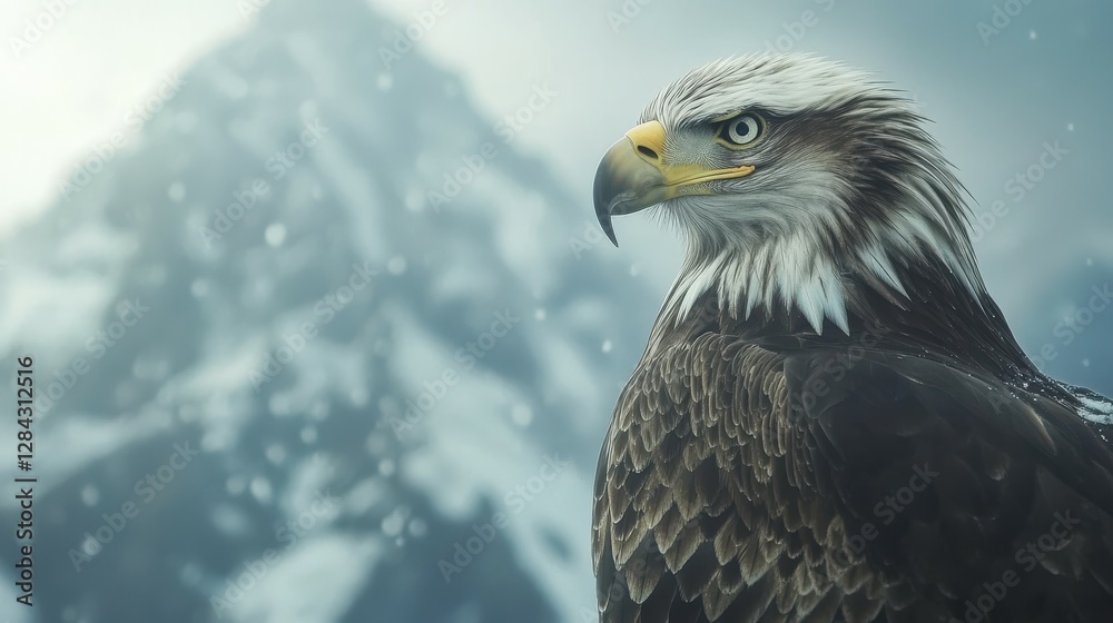 Majestic bald eagle in snowy mountain landscape Majestic bald eagle in snowy mountain landscape