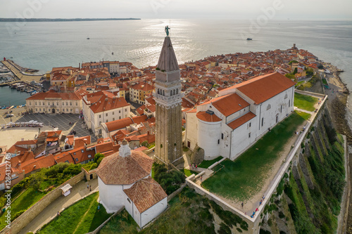 Aerial view of the Piran old town, Slovenia