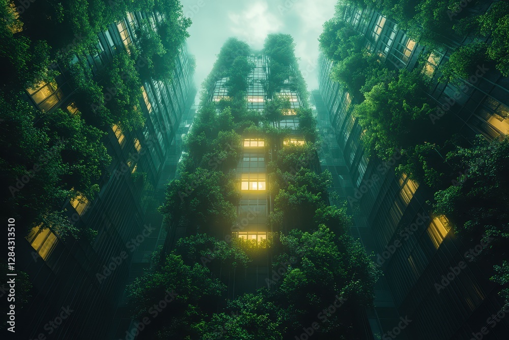 Obraz premium Urban jungle with glowing windows in a modern skyscraper surrounded by lush greenery during twilight
