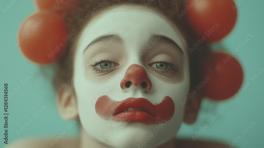 Portrait of a young clown with playful expression against a solid background, showcasing vibrant colors and artistic makeup details. Generative AI