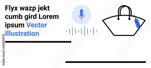 Microphone icon with sound waves, text placeholder, and shopping bag with price tag. Ideal for voice recognition, online shopping, retail, tech innovation, digital marketing, e-commerce flat landing