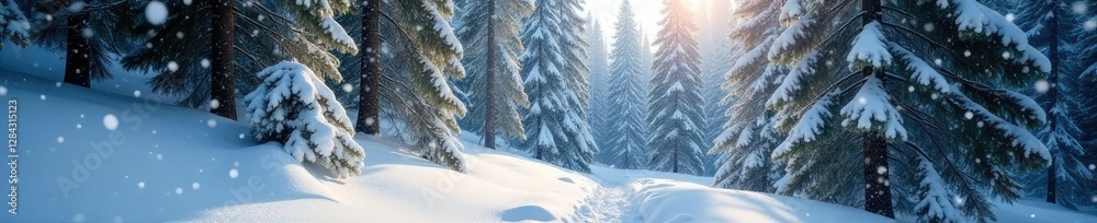 Dense pine forest with snowflakes gently falling on the ground, gentle slope, snowfall Dense pine forest with snowflakes gently falling on the ground, gentle slope, snowfall