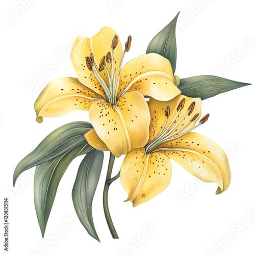 Elegant Yellow Lilies Botanical Illustration  Floral Design  Spring Flowers  Nature  Garde