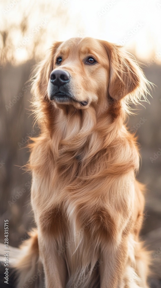 Golden retriever sitting calmly in a natural setting during sunset. Generative AI Golden retriever sitting calmly in a natural setting during sunset. Generative AI