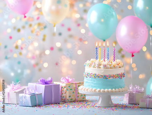 Colorful birthday table with a cake and glowing fairy lights