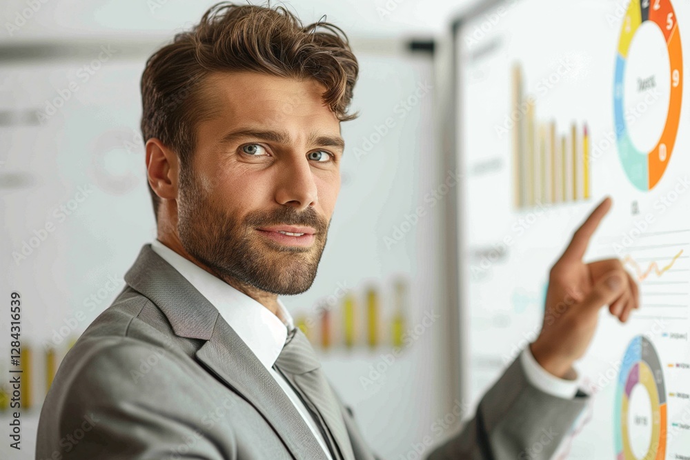 A handsome Caucasian man in a suit presents business data on a whiteboard, showcasing his confidence and professionalism. A handsome Caucasian man in a suit presents business data on a whiteboard, showcasing his confidence and professionalism.