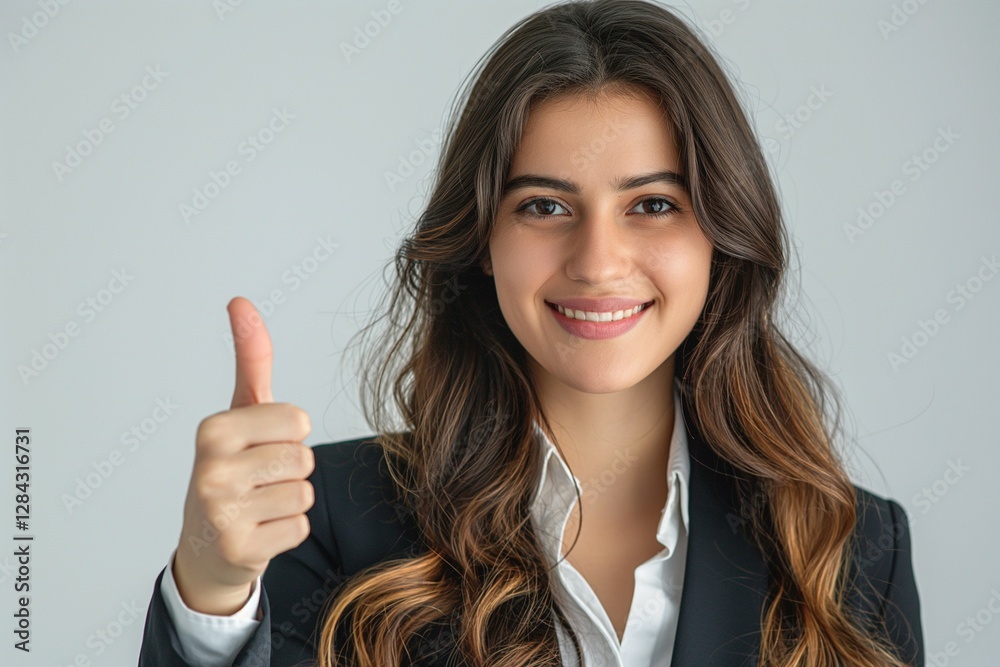 Smiling young woman giving a thumbs up, dressed in a professional black suit against a neutral background. Smiling young woman giving a thumbs up, dressed in a professional black suit against a neutral background.