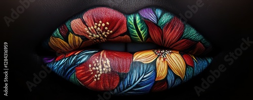 Brightly colored floral lip art with vibrant patterns and detailed petals