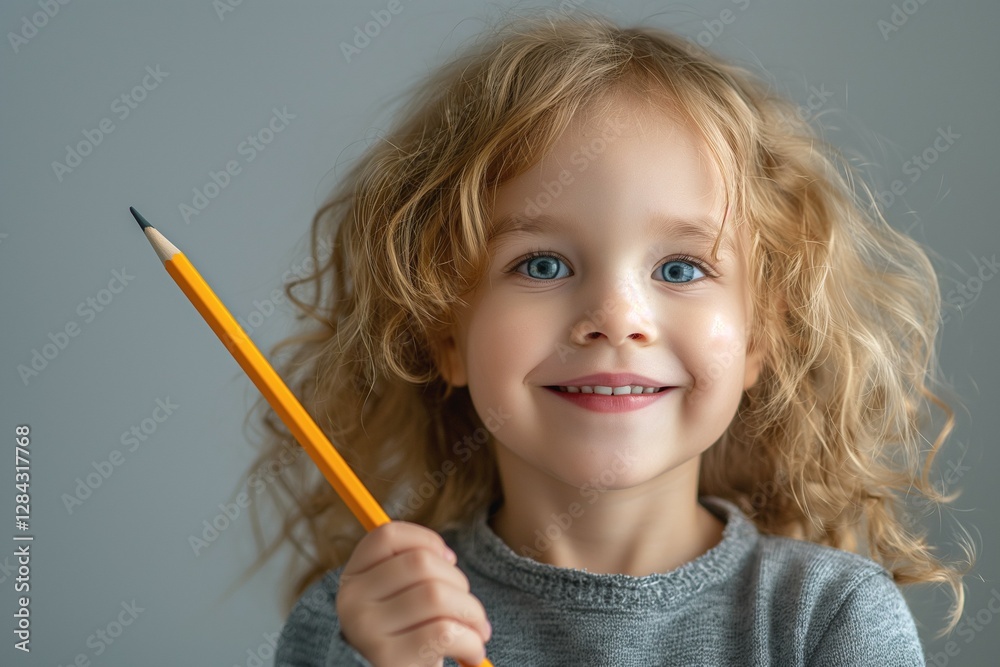 A cheerful young girl with curly blonde hair smiles while holding a yellow pencil, radiating creativity and joy. A cheerful young girl with curly blonde hair smiles while holding a yellow pencil, radiating creativity and joy.