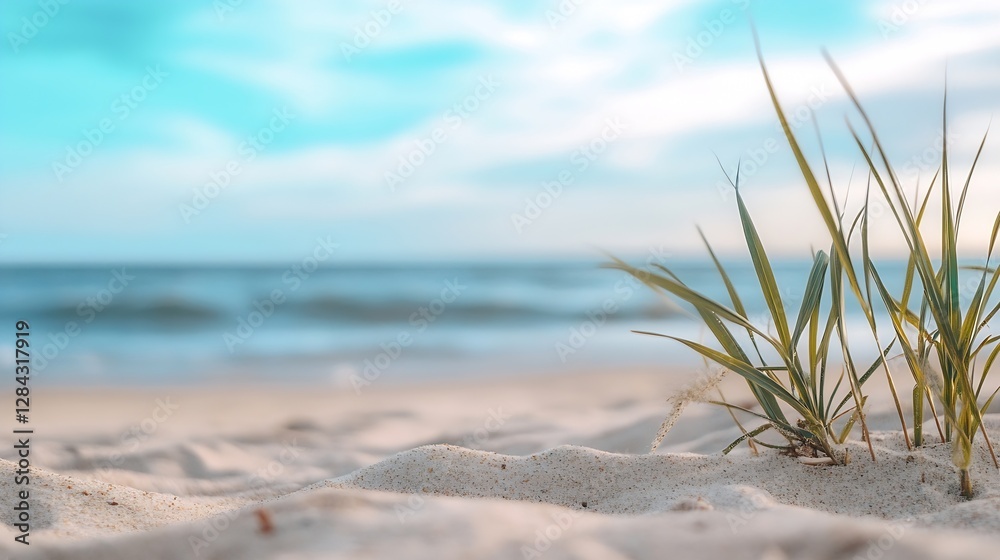 Tranquil beach scene with fine sandy shore and lush green grass softly swaying in the breeze under a blue sky : Generative AI Tranquil beach scene with fine sandy shore and lush green grass softly swaying in the breeze under a blue sky : Generative AI