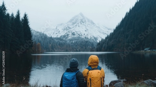 Hikers by serene lake, snowy mountain backdrop, enjoying the view, nature photography