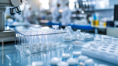 Laboratory scene with test tubes and scientific equipment arranged on a glass table in a research facility : Generative AI photo