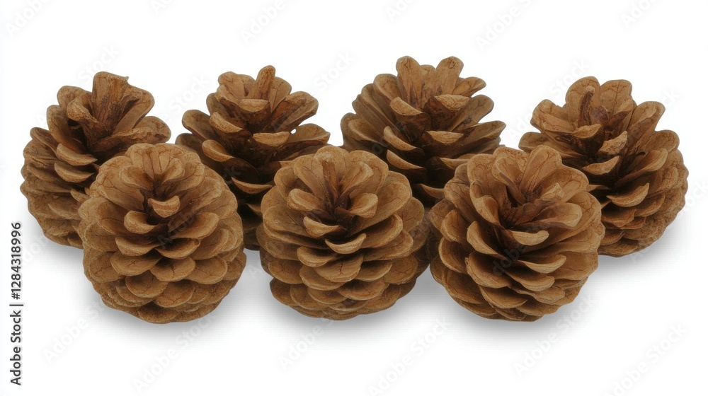 Group of Seven Brown Pine Cones Arranged on a White Surface in Studio Lighting
