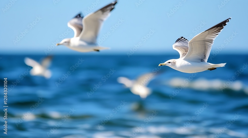 Group of seagulls gliding gracefully over the ocean waves against a bright blue sky : Generative AI Group of seagulls gliding gracefully over the ocean waves against a bright blue sky : Generative AI