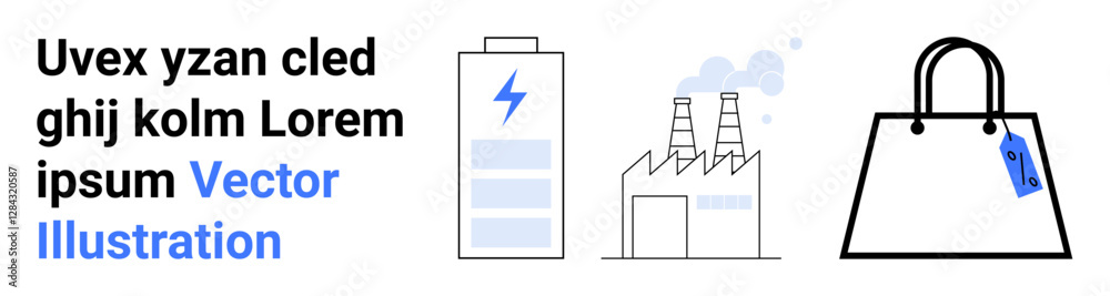 Battery with lightning bolt, factory emitting smoke, and shopping bag with a tag. Ideal for energy use, production process, industrial impact, consumer behavior, sustainability, environmental Battery with lightning bolt, factory emitting smoke, and shopping bag with a tag. Ideal for energy use, production process, industrial impact, consumer behavior, sustainability, environmental