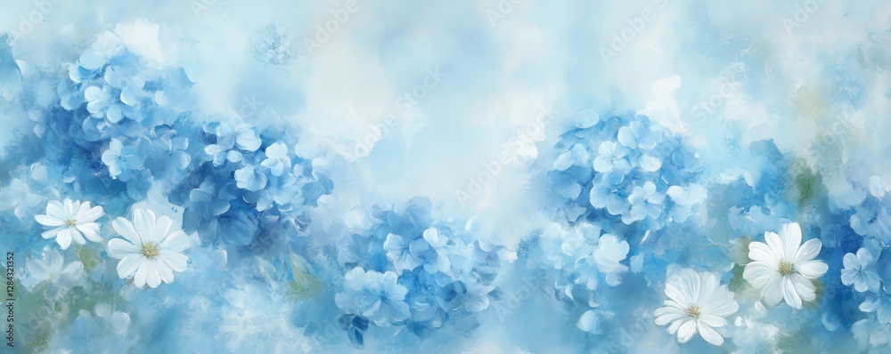 Elegant blue floral artwork with hydrangeas and daisies on soft background Elegant blue floral artwork with hydrangeas and daisies on soft background
