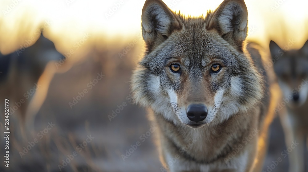 Closeup of majestic wild coyote standing alert amidst dry grass at sunset with captivating gaze and fur details : Generative AI Closeup of majestic wild coyote standing alert amidst dry grass at sunset with captivating gaze and fur details : Generative AI
