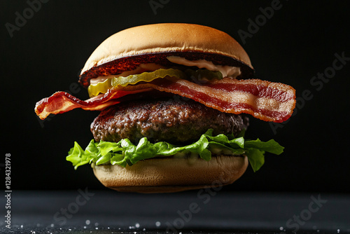 Flying burger with bacon, lettuce and patty on black background photo