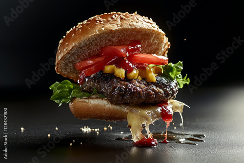 Explosion of taste: burger with juicy ingredients at the moment of falling photo