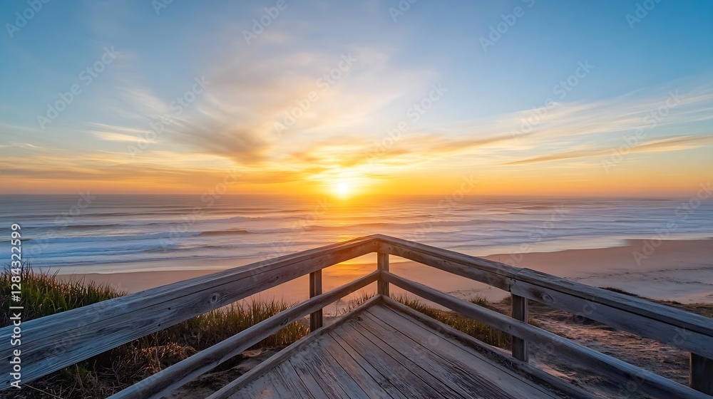 Stunning sunset view from a wooden boardwalk overlooking serene ocean waves : Generative AI Stunning sunset view from a wooden boardwalk overlooking serene ocean waves : Generative AI