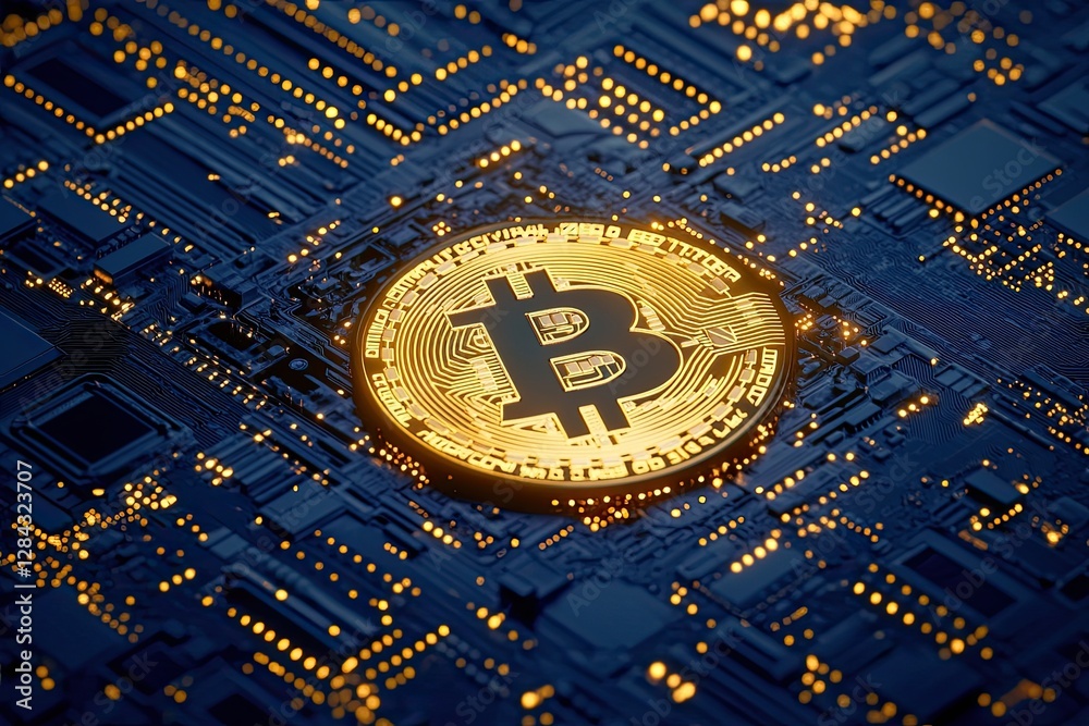 A computer mainboard showing gold bitcoin with a trading graph, symbolizing the mining and trading of bitcoin A computer mainboard showing gold bitcoin with a trading graph, symbolizing the mining and trading of bitcoin