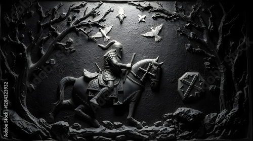 Black bas-relief of a horse and a knight