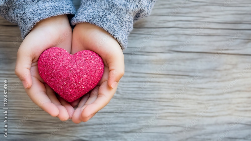 Child's hands holding a vibrant pink heartshaped object symbolizing love and care : Generative AI Child's hands holding a vibrant pink heartshaped object symbolizing love and care : Generative AI