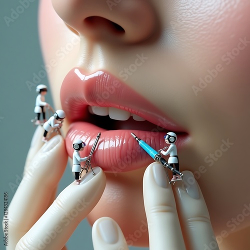 Surreal Beauty Enhancement Concept, Tiny Cosmetic Engineers Perfecting Glossy Woman’s Lips in Dreamlike 3D Illustration