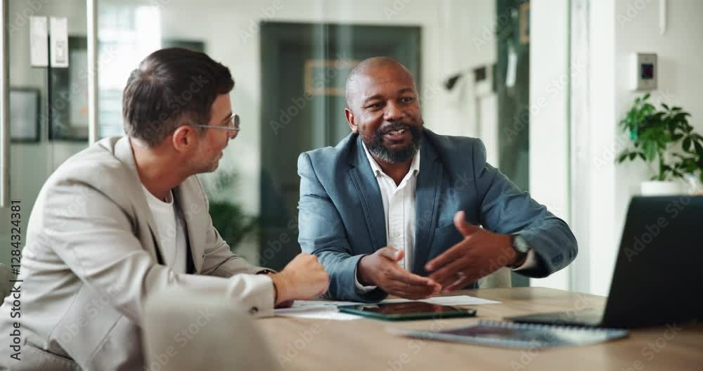 Business men, laptop and training with mentor, coaching team or teaching trading at hedge fund office. Computer, collaboration and discussion in meeting for finance, investment and risk management Business men, laptop and training with mentor, coaching team or teaching trading at hedge fund office. Computer, collaboration and discussion in meeting for finance, investment and risk management