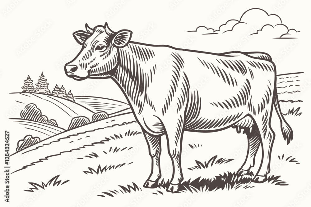 Fototapeta premium Cow vintage engraved vector illustration