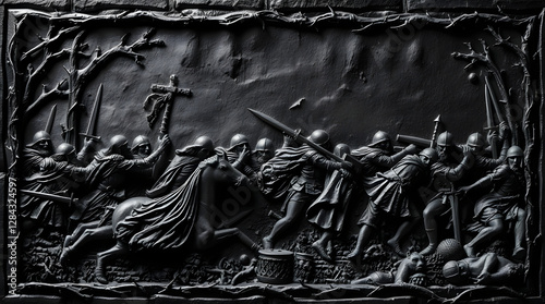 black bas-relief medieval battle