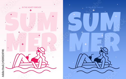 Flat outline illustration of woman in swimsuit. Leisure on water. Summer events poster. Template. Vector illustration