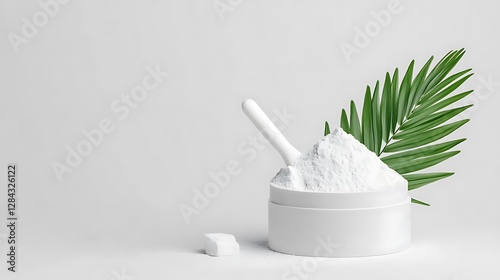 White Powder in Bowl with Palm Leaf: Clean Product Photography AI Generated