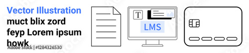 Computer screen displaying LMS interface, document icon, and smart card icon. Ideal for education, e-learning, online courses, digital resources, finance security, web development informational