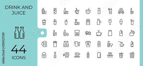 Drink And Juice line icon. Contain linear outline icons party, lemon, soda, cold, coconut, hot, champagne, ice. Pixel perfect. Vector icon and illustration.
