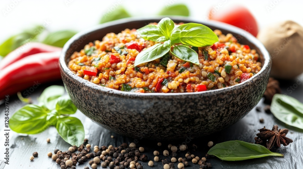 Delicious bulgur salad in bowl, surrounded by ingredients on dark slate Delicious bulgur salad in bowl, surrounded by ingredients on dark slate