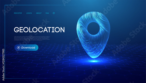 Gps map location pin. Geolocation map mark, point location. Futuristic technology Gps in 3d style on blue background. Blue abstract futuristic business vector travel map concept.