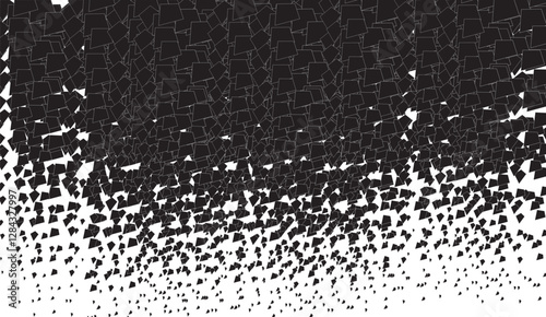 Monochrome cascade of fragmented shapes, evoking a sense of disintegration or a digital snowfall, transforming density into scattered elements against a clear backdrop