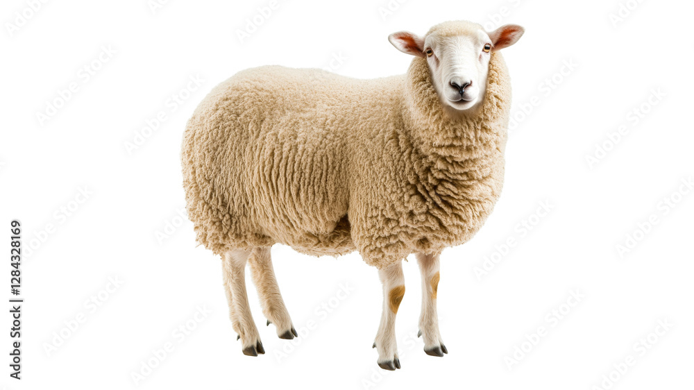 Sheep with fluffy wool on white background