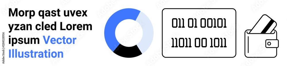 Donut chart in blue and black, binary coded numbers, wallet with credit card. Ideal for fintech, digital payments, data analysis, finance management, tech solutions, cyber security coding concepts Donut chart in blue and black, binary coded numbers, wallet with credit card. Ideal for fintech, digital payments, data analysis, finance management, tech solutions, cyber security coding concepts