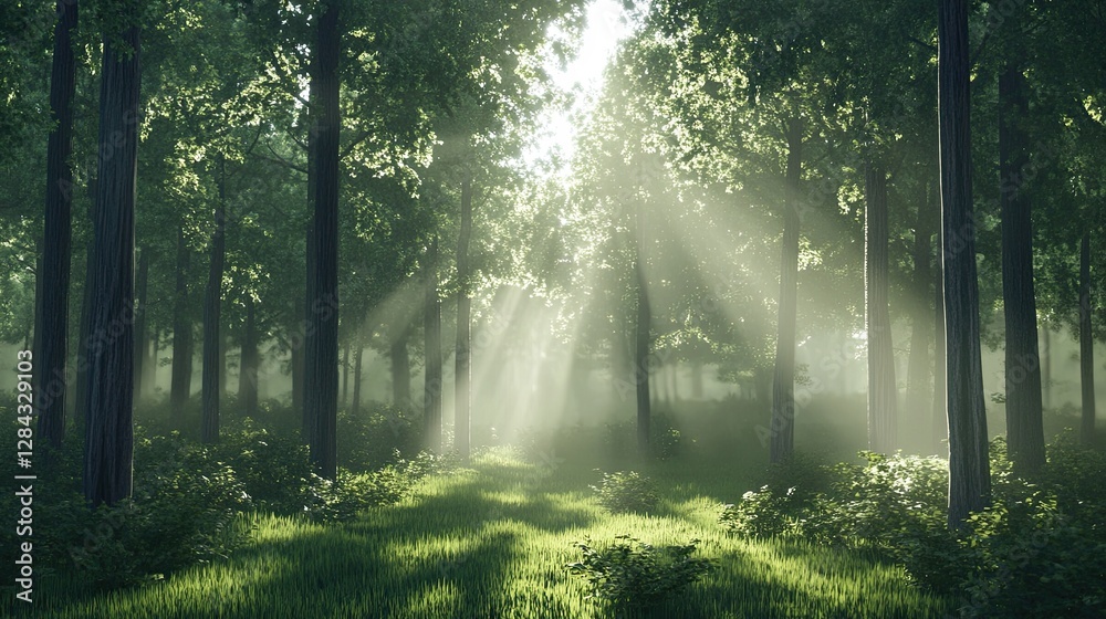 Obraz premium Sunlit forest path, morning mist, trees, nature, peaceful