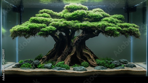 Detailed aquarium bonsai, lush greenery, dark background, indoor display photo