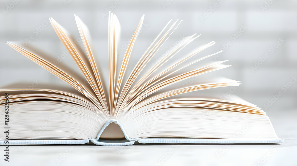 Fototapeta premium Open book, pages fanned, brick background, knowledge concept, education