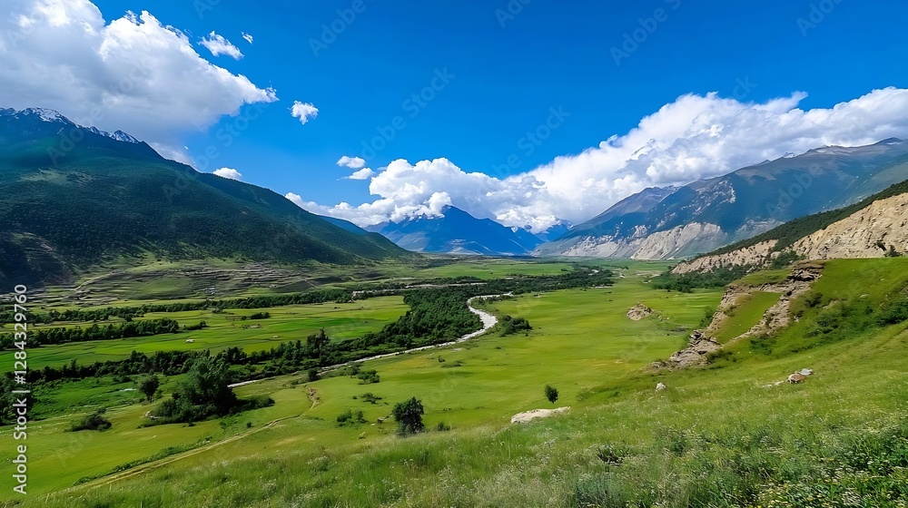 A breathtaking panoramic view of a vibrant green valley surrounded by mountains and clouds under a bright blue sky : Generative AI A breathtaking panoramic view of a vibrant green valley surrounded by mountains and clouds under a bright blue sky : Generative AI