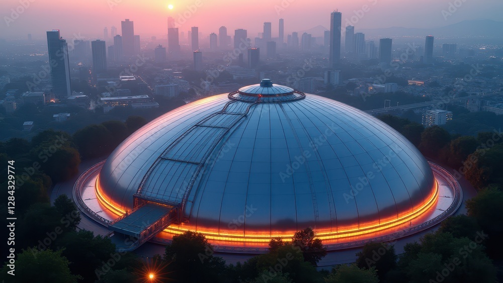 Obraz premium Water collection system, Futuristic water collection dome atop a cityscape during twilight with neon lights reflecting off its metallic surface.