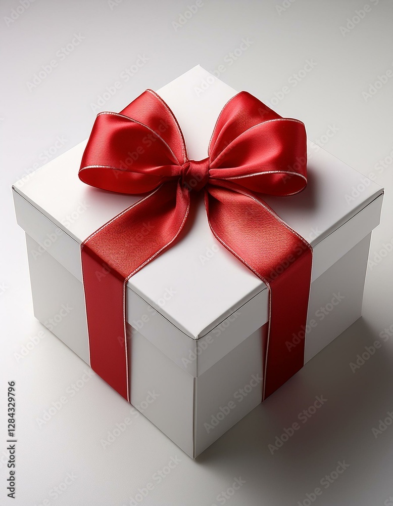 Obraz premium Caja de regalo Blanca, con un lazo rojo en las esquinas fondo blanco neutro